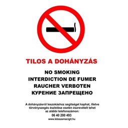 TILOS A DOHÁNYZÁS (5 NYELVŰ, 39/2013. (II. 14.) Korm. rend.), PVC 1 mm, 210x300